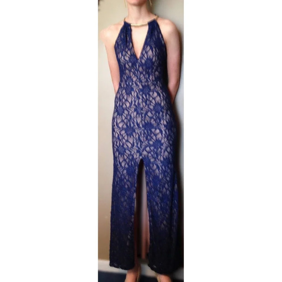 B Darlin Navy Blue Lace Formal Prom Dress Backless Halter A Line Junior Size 1-2 - Picture 1 of 8